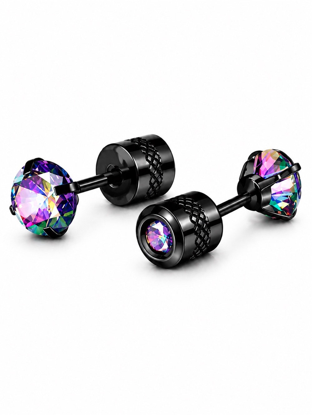 Black Rainbow CZ Double Ended Stud Earrings Stainless Steel Screw Back 8mm
